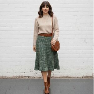 Vintage Green Tweed Wool-Blend Midi Skirt | Heritage Preppy Dark Academia SZ 8